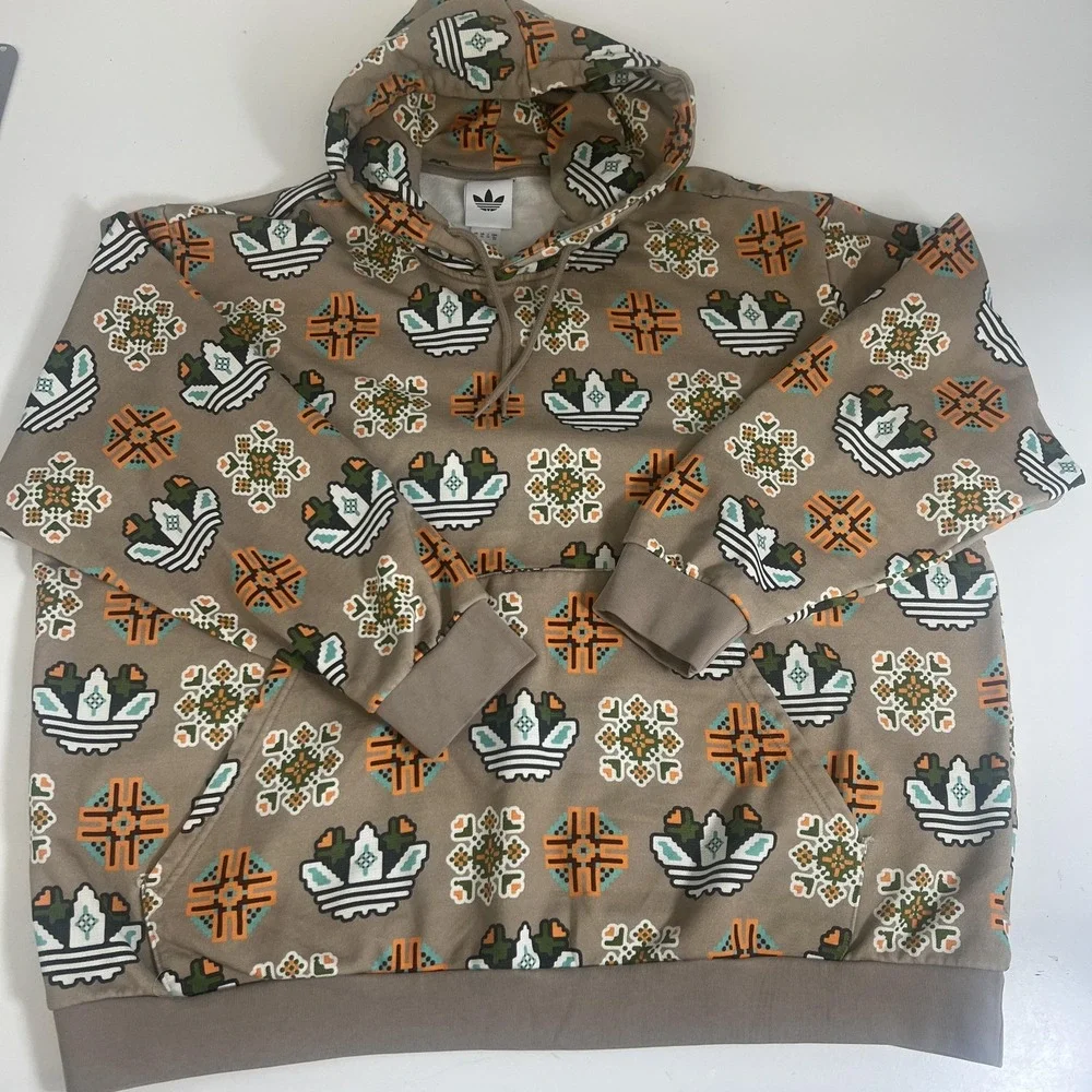 Adidas Originals Hoodie Mens 2XL Beige‎ Trefoil Allover Graphic Tile Pullover
